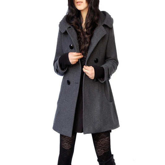 Chic Winter Woolen Coat – Hooded Double-Breasted Maxi Jacket for Women