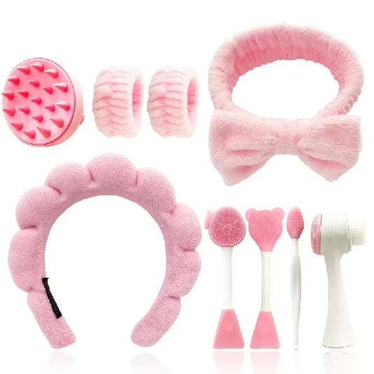 9-Piece Beauty Makeup & Skincare Set – Face Wash, Massage Tools & Headbands